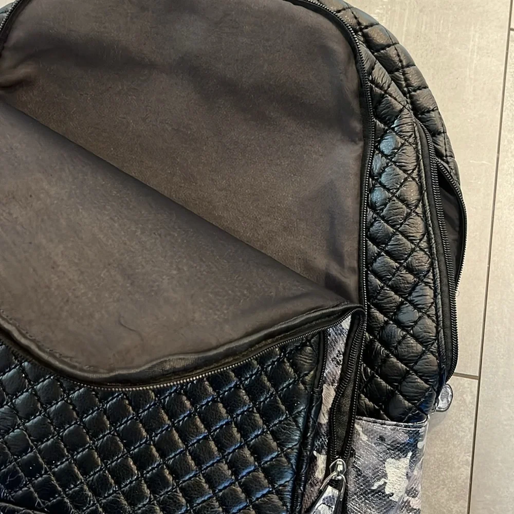 NWT Bari Lynn Chic Accessories Backpack Black/Silver Camo w/ Black Quilted Puff